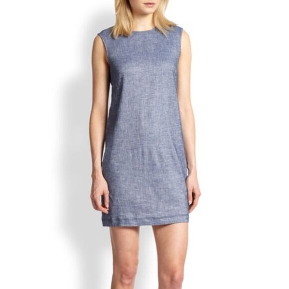 THEORY Linen Adraya Tierra Sleeveless Mini Shift Dress Blue Denim 0 - Picture 8 of 9